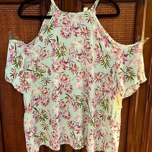 Tacera Mint Green w/ Pink Tropical Floral Cold Shoulder Blouse